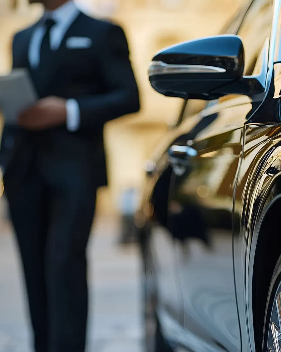 A suited chauffeur waiting beside an executive car