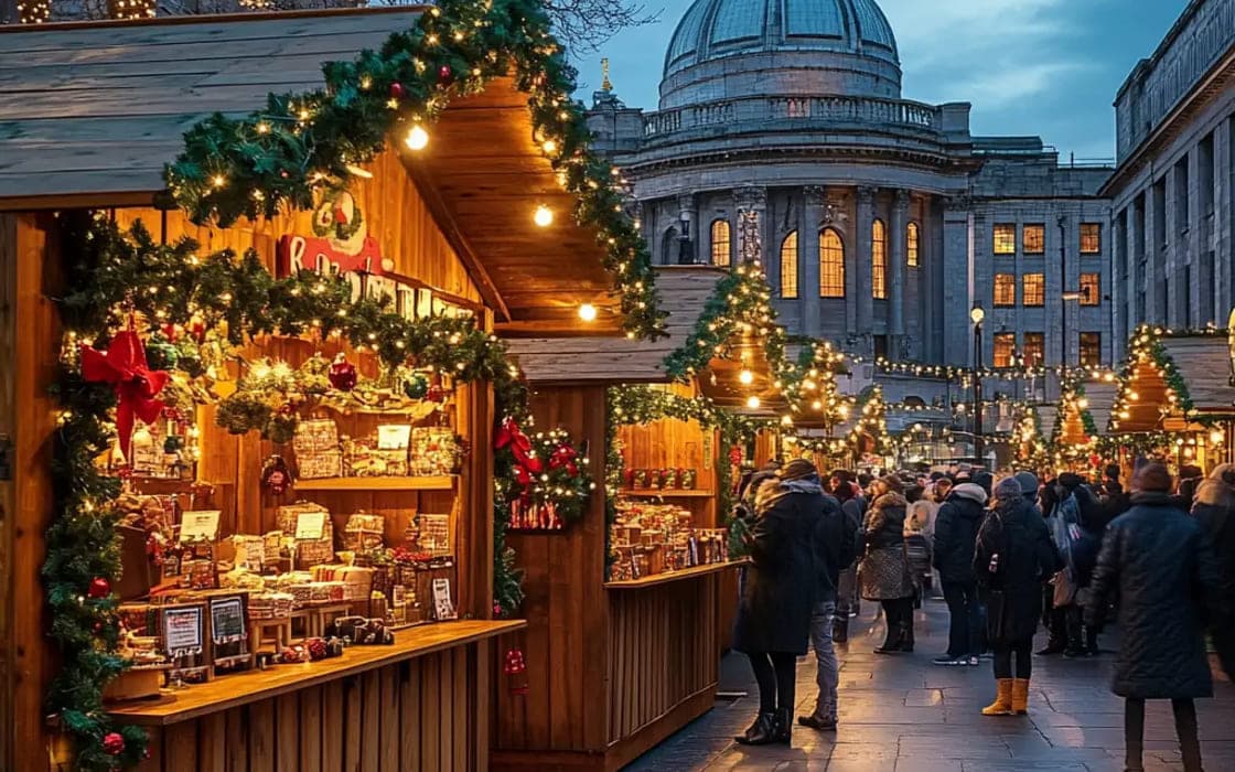 Christmas market stalls lit at dusk in an Irish city