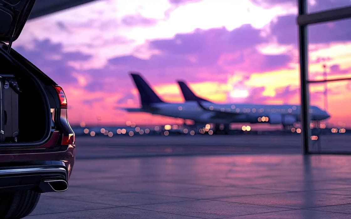 An executive car waiting with its boot open on the airport apron at sunset