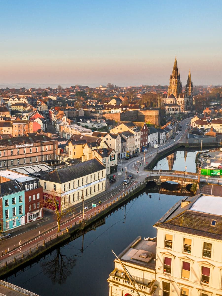 Cork city on the River Lee at dusk, seen from above
