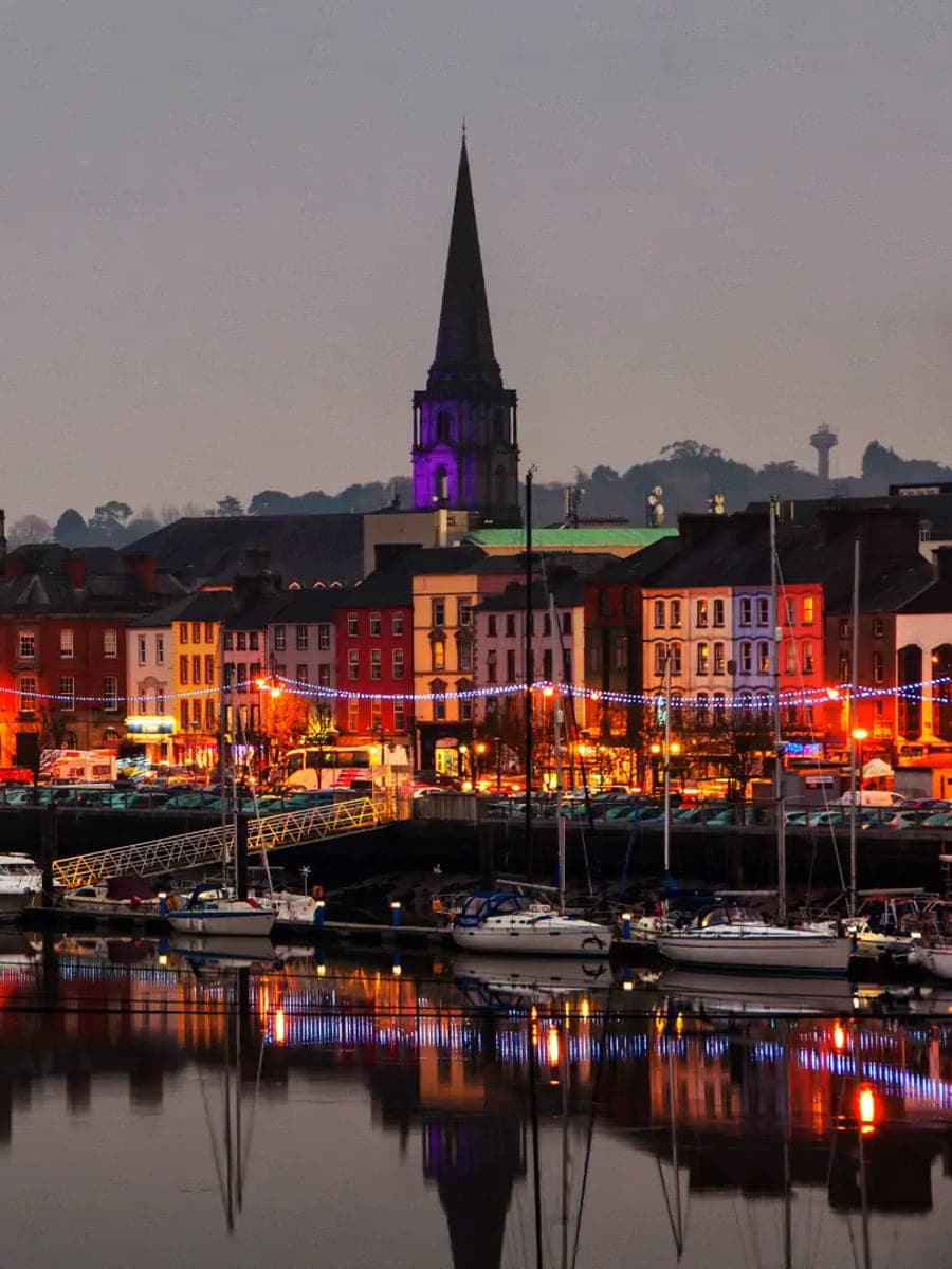 The quays at Waterford city on the River Suir, lit at night