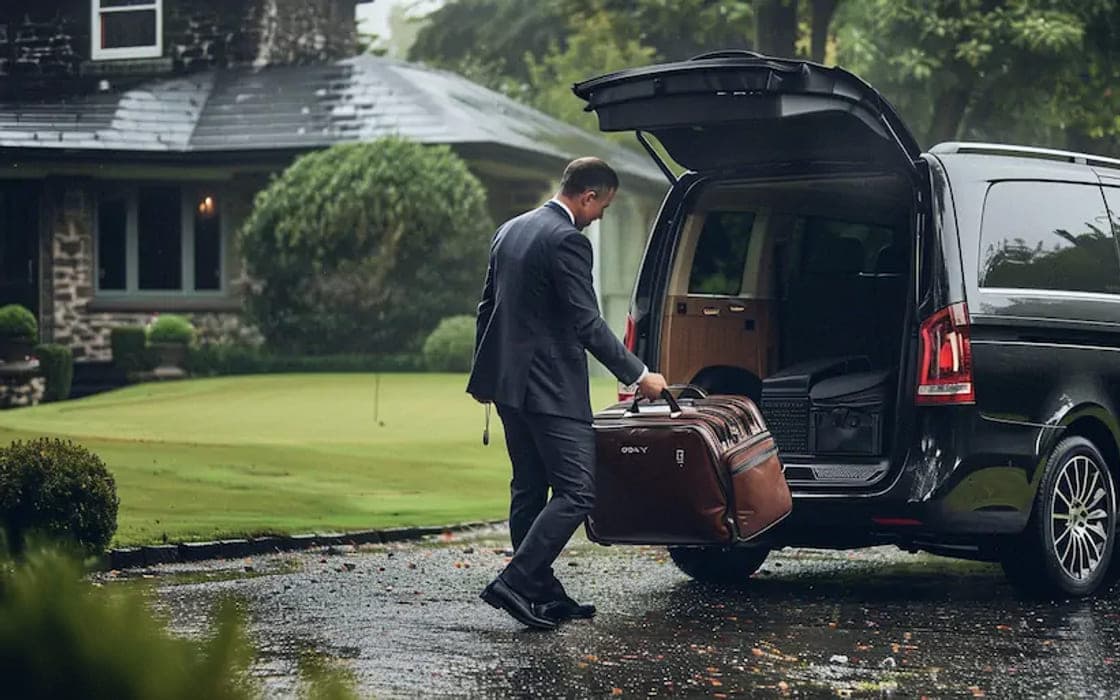 A chauffeur loading golf bags into a minivan outside an Irish golf club