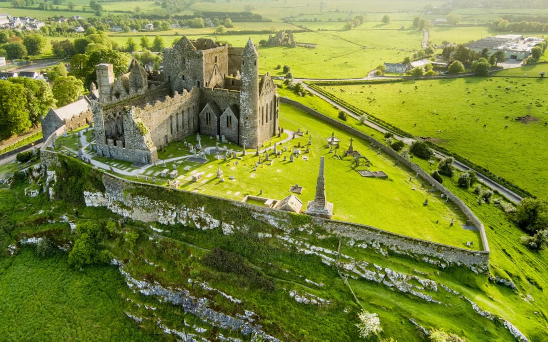 The Rock of Cashel and its graveyard seen from the air