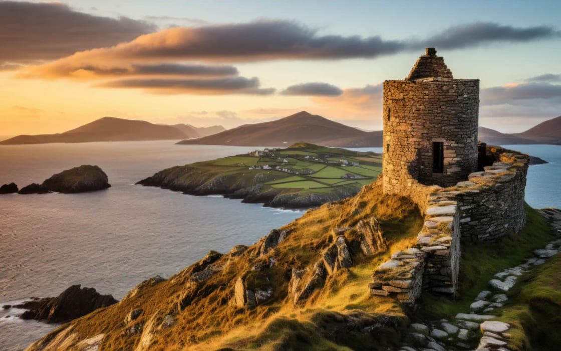 A ruined tower above the Atlantic on the western coast at sunset